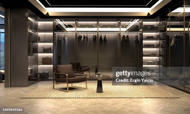 luxury dressing room with walk in closet  ,armchair and coffee table - closet stock pictures, royalty-free photos & images