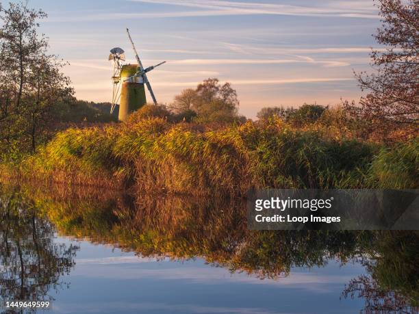 Turn Fen Drainage Mill in Norfolk in late afternoon light.