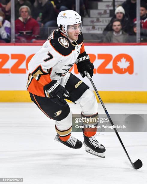 Jayson Megna of the Anaheim Ducks skates against the Montreal Canadiens during the first period at Centre Bell on December 15, 2022 in Montreal,...