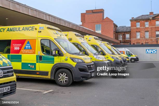 Row of ambulances ready to be dispatched.