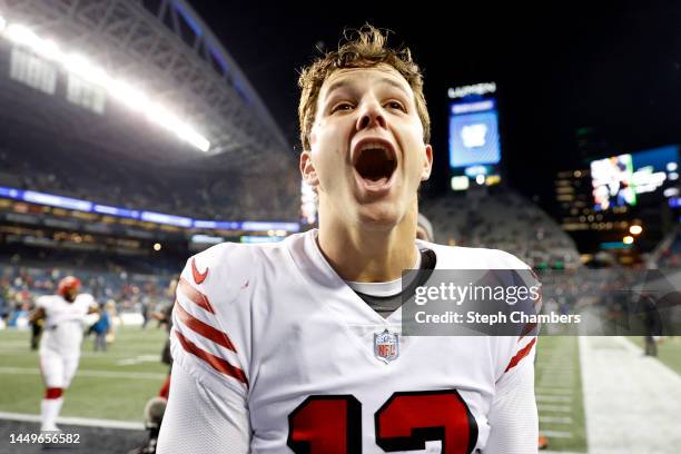 Brock Purdy of the San Francisco 49ers reacts after beating the Seattle Seahawks 21-13 at Lumen Field on December 15, 2022 in Seattle, Washington.