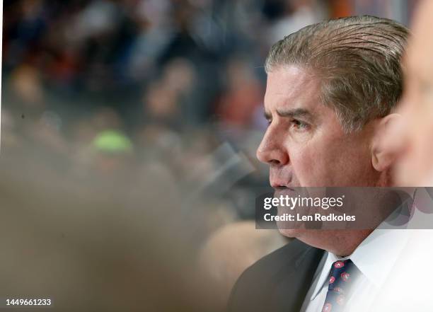 Head Coach of the Washington Capitals Peter Laviolette looks on from the bench during the first period against the Philadelphia Flyers at the Wells...