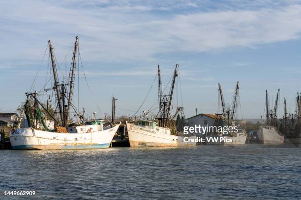 Shrimp boats docked in the Port Isabel Side Channel in Port Isabel, Texas.