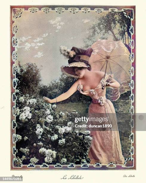 ilustrações de stock, clip art, desenhos animados e ícones de vintage victorian photomontage of beautiful young woman wearing a low cut dress and holding a parasol catching a dragonfly, 19th century - kitsch