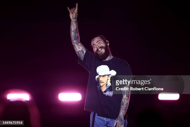 Post Malone performs during the Qatar Fashion United by CR Runway show at Stadium 974 on December 16, 2022 in Doha, Qatar.