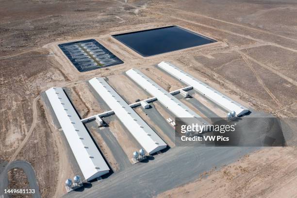 Smithfield Farms hog-raising facility with lagoons for converting hog waste to renewable-energy biogas. Milford, Utah.