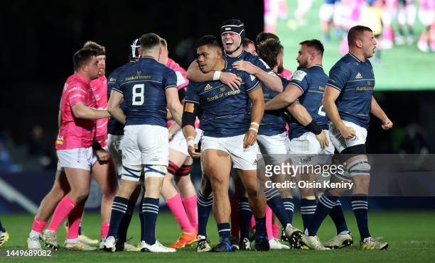 Michael Ala'alatoa, left, and James Ryan of Leinster celebrate winning a penalty during the Heineken Champions Cup match between Leinster v...