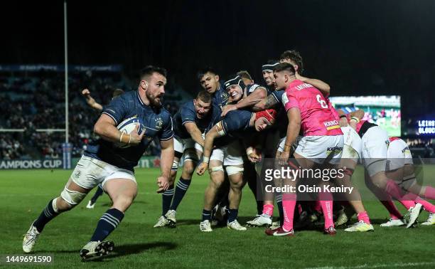 Ronan Kelleher of Leinster on his way to scoring his side's fifth try during the Heineken Champions Cup match between Leinster v Gloucester at RDS...
