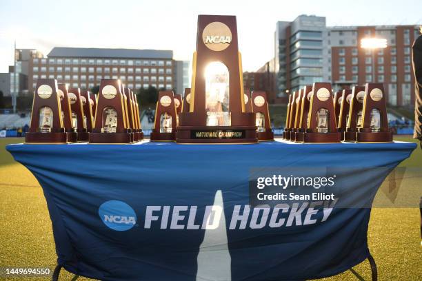 Trophies are seen after the game between the North Carolina Tar Heels and the the Northwestern Wildcats during the Division I Women’s Field Hockey...