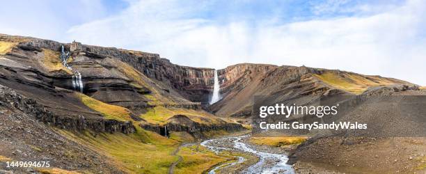 hengifoss waterfall, fljotsdalshreppur, iceland. panoramic - vattnets lopp bildbanksfoton och bilder