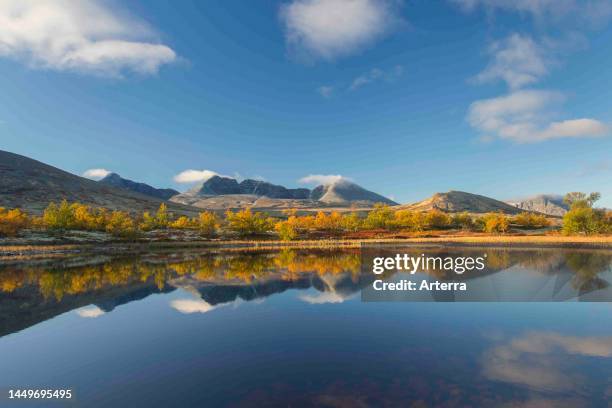 The mountains Hogronden and Digerronden reflected in water of lake in autumn, Doraldalen in Rondane National Park, Innlandet county, Oppland, Norway.