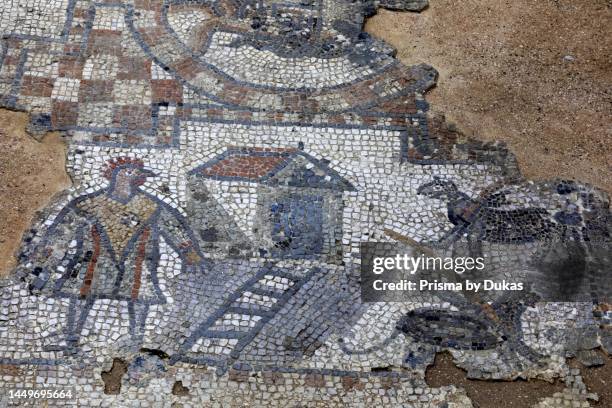 England, Isle of Wight, Brading Roman Villa, The Gallus Mosaic depicting a Chicken-headed Man.