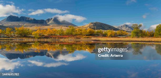 The mountains Hogronden and Digerronden reflected in water of lake in autumn, Doraldalen in Rondane National Park, Innlandet county, Oppland, Norway.