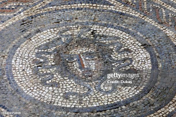 England, Isle of Wight, Brading Roman Villa, The Head of Medusa Mosaic.