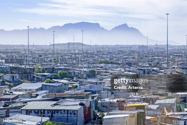 View over shacks at Khayelitsha, township / slum / shanty town on the Cape Flats in the city Cape Town / Kaapstad, Western Cape Province, South...