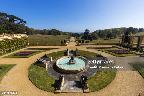 England, Isle of Wight, East Cowes, Osborne House, The Palatial Former Home of Queen Victoria and Prince Albert, Fountain and Gardens with View of...