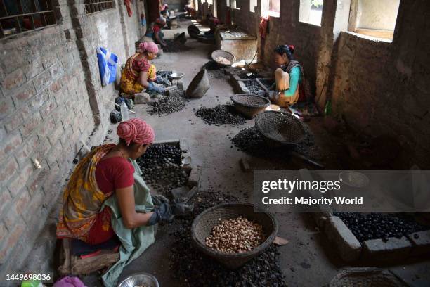 Women working in a cashew nut factory on the eve of International Women's Day on the outskirts of Agartala. International Women's Day is globally...