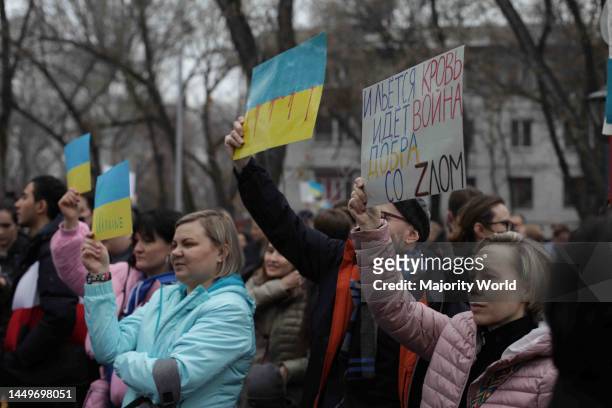 Following the attacks on Ukraine by Russia, around 2000 people in support of Ukraine gathered and protested in Almaty. People stood for the Ukrainian...