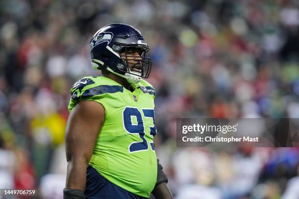 Shelby Harris of the Seattle Seahawks looks on during the third quarter of a game against the San Francisco 49ers at Lumen Field on December 15, 2022...