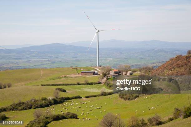 Wind Turbines. Wind Farm of Scansano. Montepo Castle. Scansano. Province of Grosseto. Tuscany. Italy. Europe Pale Eoliche. Parco Eolico di Scansano....