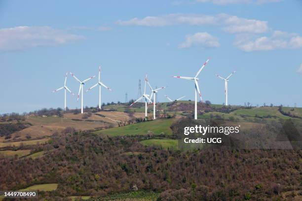 Wind Turbines. Wind Farm of Scansano. Montepo Castle. Scansano. Province of Grosseto. Tuscany. Italy. Europe Pale Eoliche. Parco Eolico di Scansano....