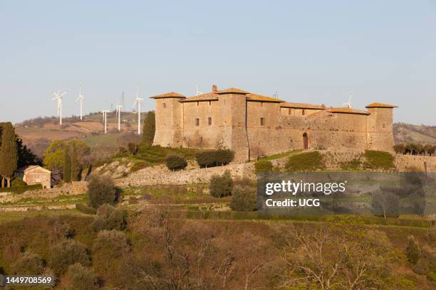 Wind Turbines. Wind Farm of Scansano. Montepo Castle. Scansano. Province of Grosseto. Tuscany. Italy. Europe Pale Eoliche. Parco Eolico di Scansano....