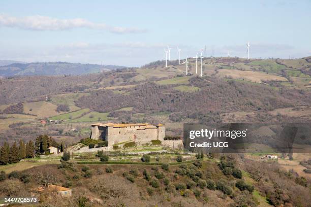 Wind Turbines. Wind Farm of Scansano. Montepo Castle. Scansano. Province of Grosseto. Tuscany. Italy. Europe Pale Eoliche. Parco Eolico di Scansano....