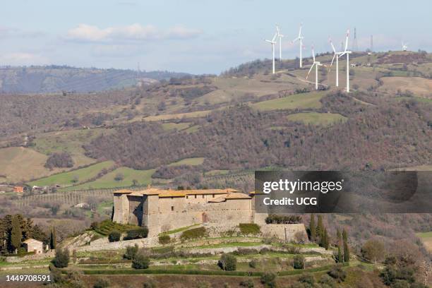 Wind Turbines. Wind Farm of Scansano. Montepo Castle. Scansano. Province of Grosseto. Tuscany. Italy. Europe Pale Eoliche. Parco Eolico di Scansano....