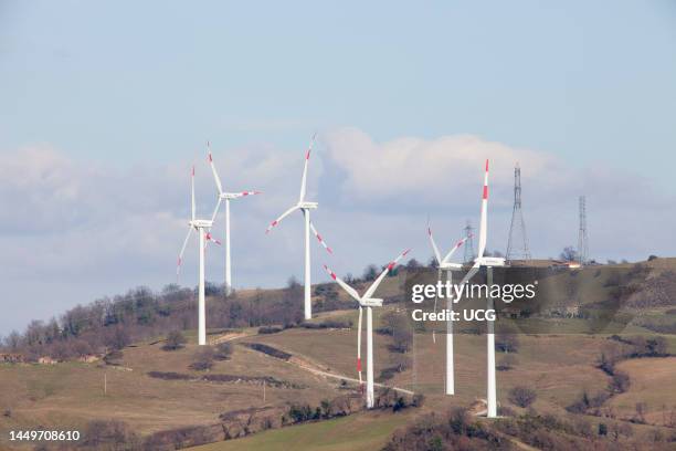 Wind Turbines. Wind Farm of Scansano. Montepo Castle. Scansano. Province of Grosseto. Tuscany. Italy. Europe Pale Eoliche. Parco Eolico di Scansano....