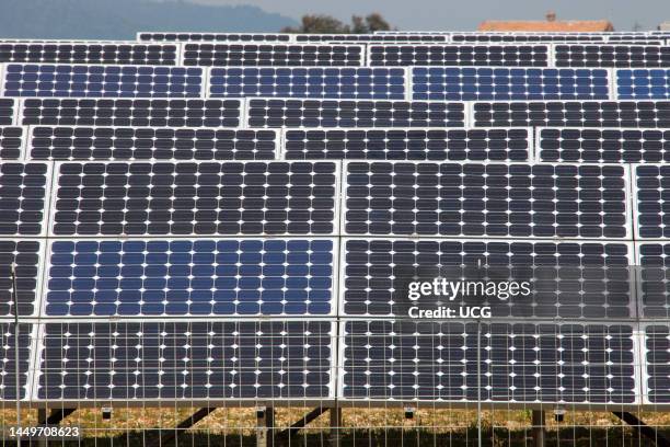 Solar Panels. Solar Power Plant. Area of Vulci. Province of Viterbo. Lazio. Italy. Europe Pannelli Solari. Centrale Elettrica A Pannelli Solari. Zona...