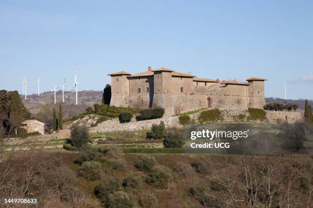 Wind Turbines. Wind Farm of Scansano. Montepo Castle. Scansano. Province of Grosseto. Tuscany. Italy. Europe Pale Eoliche. Parco Eolico di Scansano....