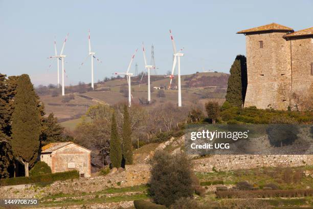 Wind Turbines. Wind Farm of Scansano. Montepo Castle. Scansano. Province of Grosseto. Tuscany. Italy. Europe Pale Eoliche. Parco Eolico di Scansano....
