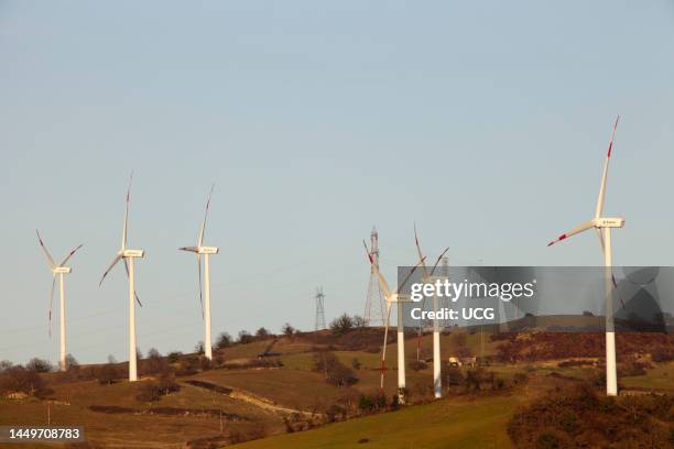 Wind Turbines. Wind Farm of Scansano. Montepo Castle. Scansano. Province of Grosseto. Tuscany. Italy. Europe Pale Eoliche. Parco Eolico di Scansano....