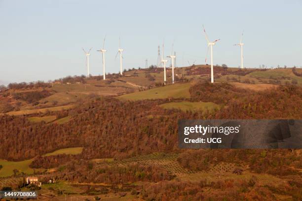 Wind Turbines. Wind Farm of Scansano. Montepo Castle. Scansano. Province of Grosseto. Tuscany. Italy. Europe Pale Eoliche. Parco Eolico di Scansano....