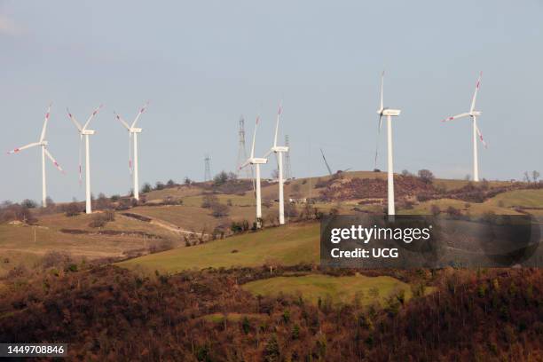 Wind Turbines. Wind Farm of Scansano. Montepo Castle. Scansano. Province of Grosseto. Tuscany. Italy. Europe Pale Eoliche. Parco Eolico di Scansano....