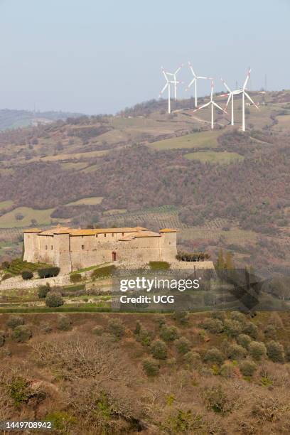 Wind Turbines. Wind Farm of Scansano. Montepo Castle. Scansano. Province of Grosseto. Tuscany. Italy. Europe Pale Eoliche. Parco Eolico di Scansano....