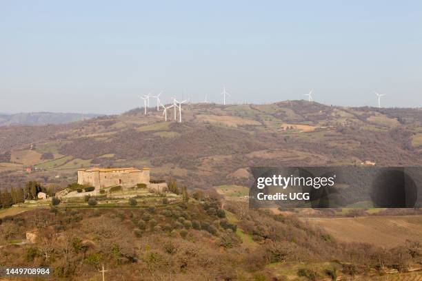 Wind Turbines. Wind Farm of Scansano. Montepo Castle. Scansano. Province of Grosseto. Tuscany. Italy. Europe Pale Eoliche. Parco Eolico di Scansano....