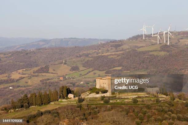 Wind Turbines. Wind Farm of Scansano. Montepo Castle. Scansano. Province of Grosseto. Tuscany. Italy. Europe Pale Eoliche. Parco Eolico di Scansano....