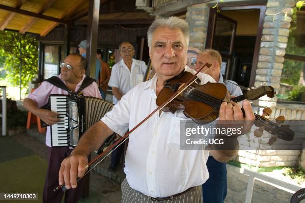 Europe. Serbia. Vojvodina. Novi Sad. Danube River. Kamenjar Restaurant. Musician Plays Violin Europa. Serbia. Volvodina. Novi Sad. Fiume Danubio....