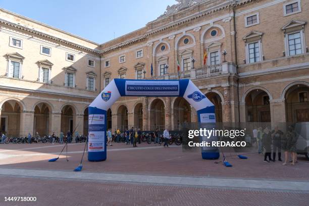 Piazza G.leopardi square. Old Town. Colle dell’Infinito Motorcycle Re-enactment. Recanati. Marche. Italy. Europe.