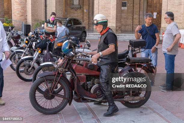 Piazza G.leopardi square. Old Town. Colle dell’Infinito Motorcycle Re-enactment. Recanati. Marche. Italy. Europe.