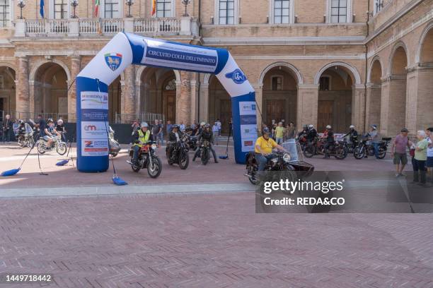 Piazza G.leopardi square. Old Town. Colle dell’Infinito Motorcycle Re-enactment. Recanati. Marche. Italy. Europe.