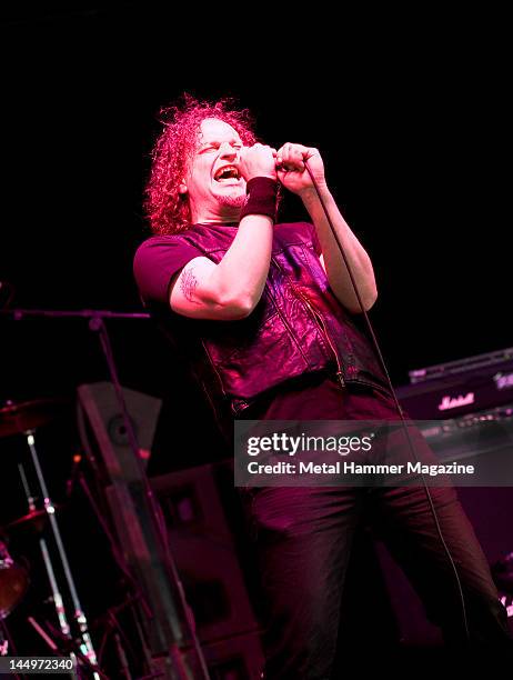 Frontman Denis Belanger of Canadian heavy metal group Voivod, also known by his stage name Snake, performing live on stage at Download Festival on...