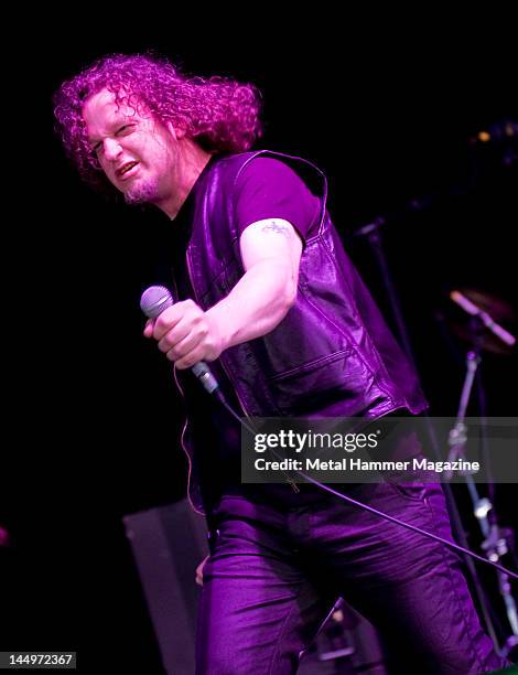 Frontman Denis Belanger of Canadian heavy metal group Voivod, also known by his stage name Snake, performing live on stage at Download Festival on...