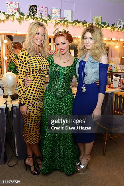 Sarah Harding, Kimberley Walsh and Nicola Roberts pose backstage at the last night of Kimberley Walsh's run as Fiona in the musical 'Shrek' at The...