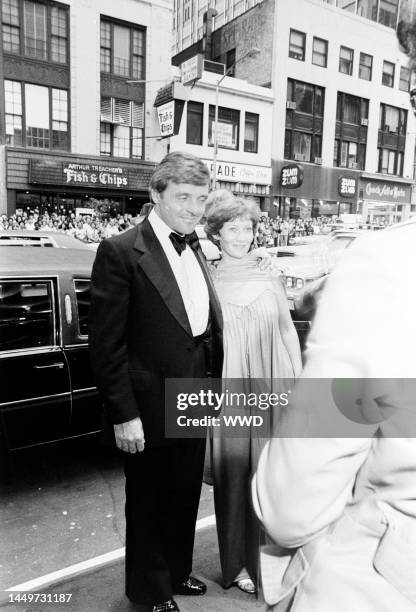 Anthony Hopkins and Jennifer Lynton attend a movie premiere, with an afterparty at the Plaza Hotel, in New York City on June 14, 1977.