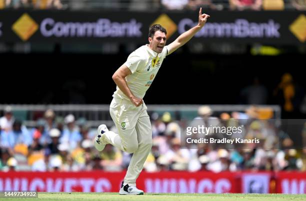 Pat Cummins of Australia celebrates taking the wicket of Rassie van der Dussen of South Africa during day one of the First Test match between...