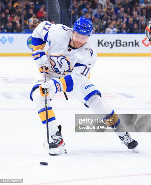 Tyson Jost of the Buffalo Sabres skates with the puck during an NHL game against the Pittsburgh Penguins on December 9, 2022 at KeyBank Center in...