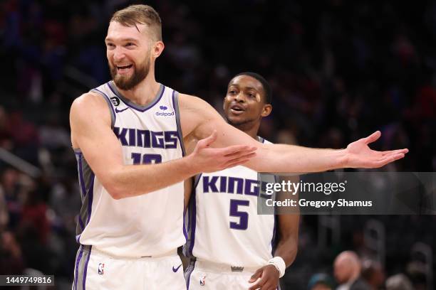 Domantas Sabonis of the Sacramento Kings reacts after a 122-113 win over the Detroit Pistons at Little Caesars Arena on December 16, 2022 in Detroit,...