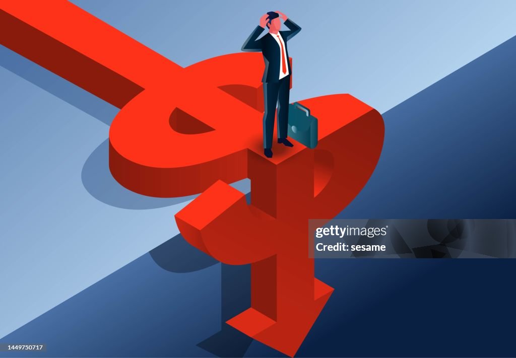 ビジネスの下落または衰退、不況、金融危機、インフレ、ビジネスまたは投資の損失の減少、価格の下落、下降矢印のドル記号の端に立つ等尺性の欲求不満のビジネスマン